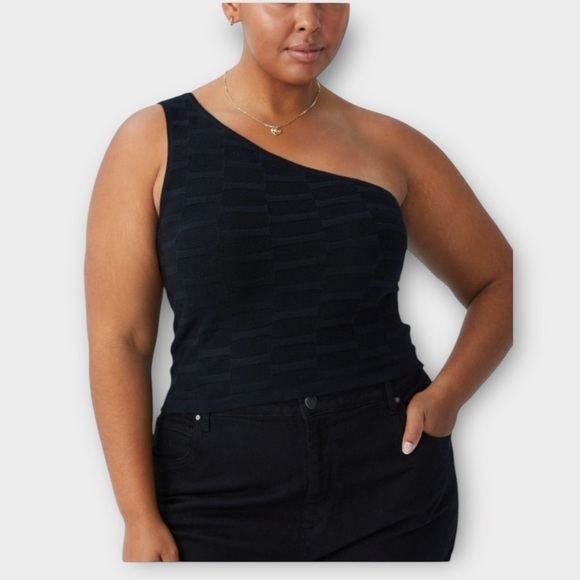 Cotton On Curve Twiggy Jacquard Black Texture One Shoulder Top NWT - Picture 1 of 7